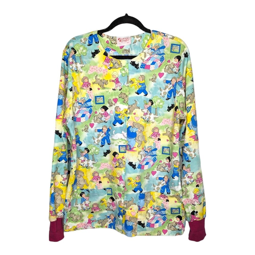 Fashion Scrubs Top Womens Size‎ Large Yellow Pets Dogs Pockets Colorful